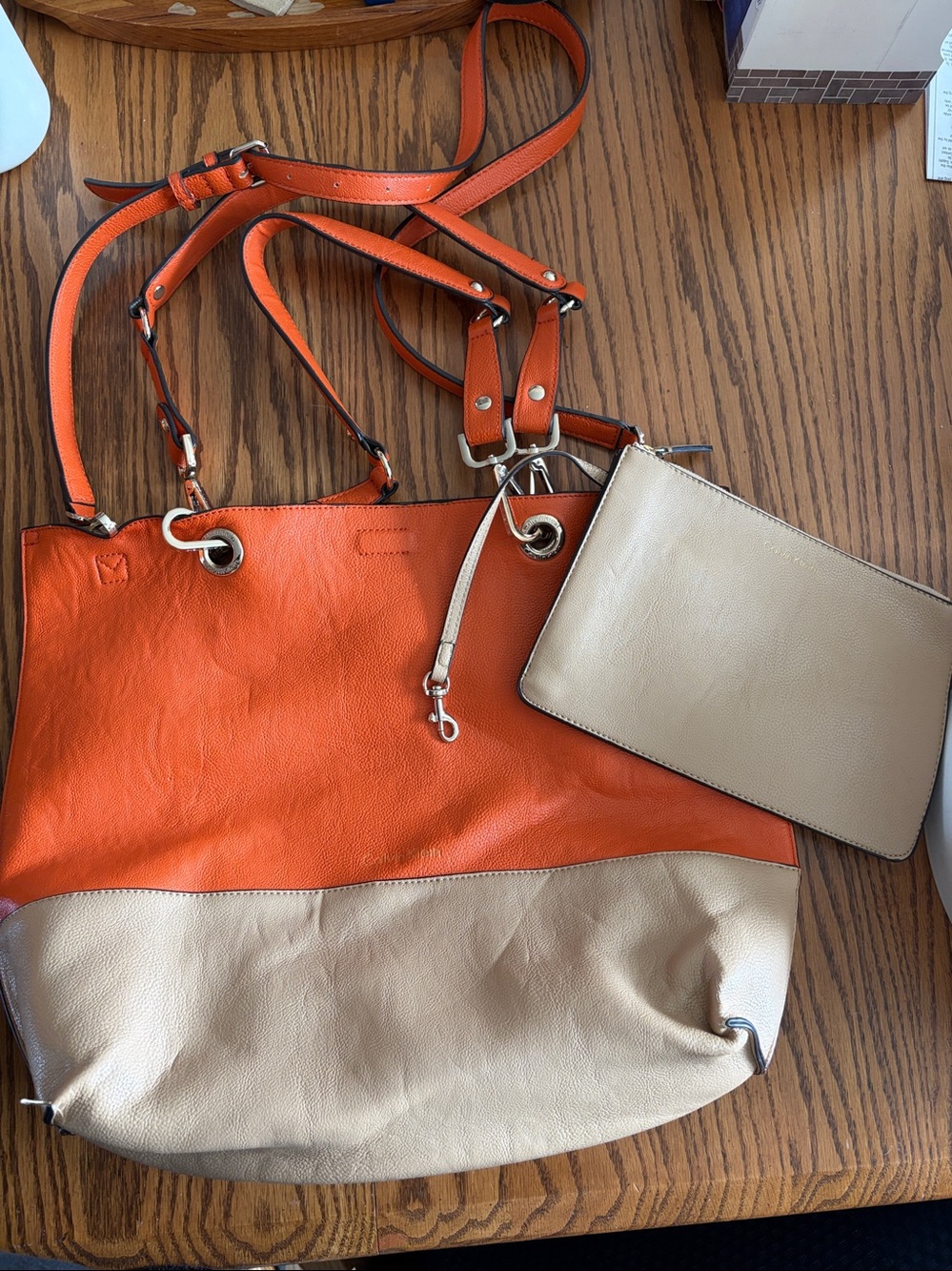 Calvin Klein Orange and Beige Two-Tone Leather Tote